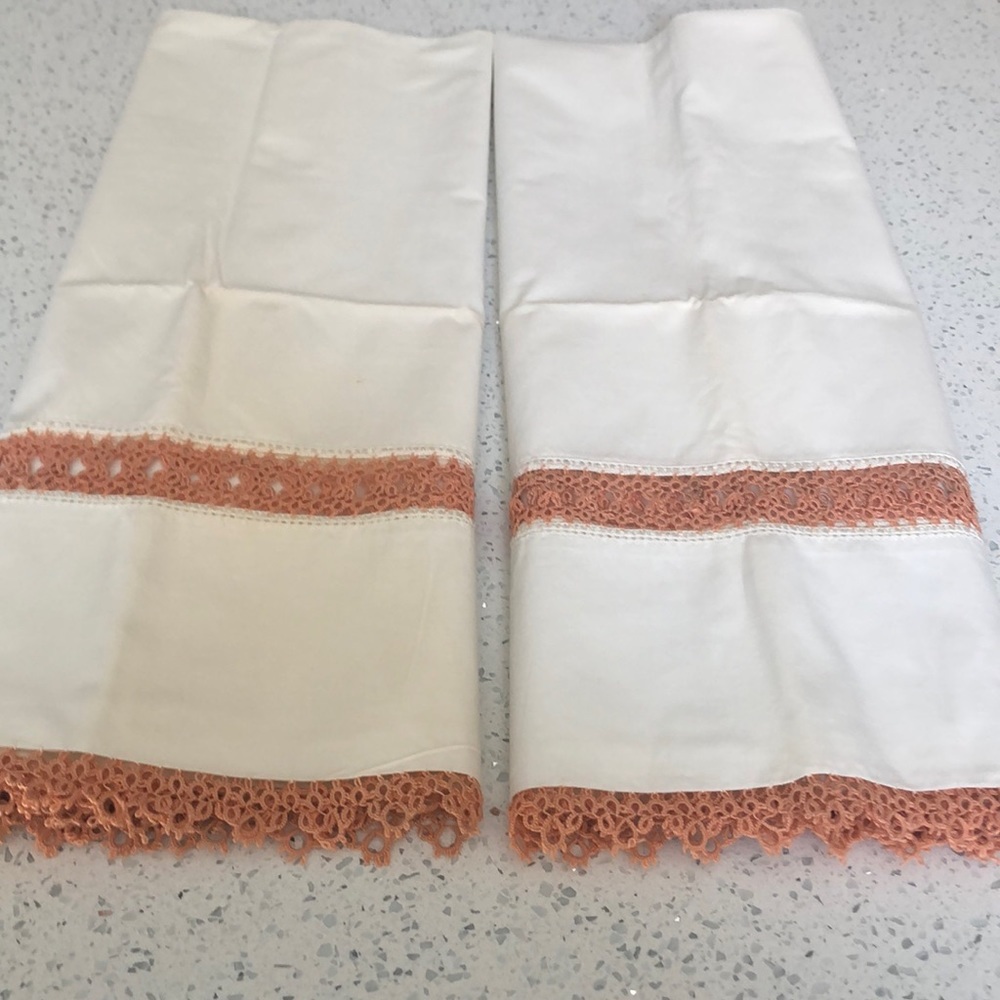 2 Vintage  white pillow cases with peach crochet trim